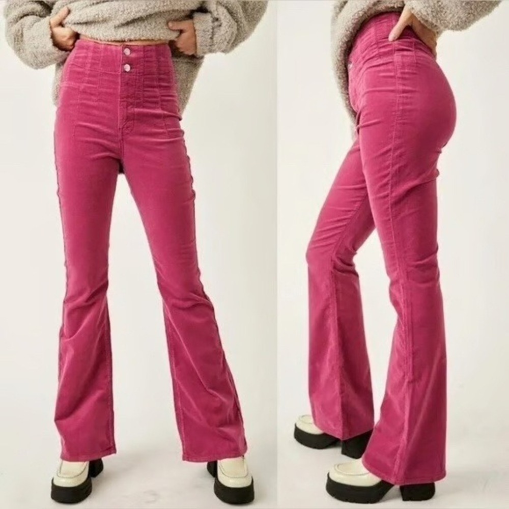 Free People Jayde Corduroy Vintage Flare Jeans Size 33 Fuchsia Pink High Rise